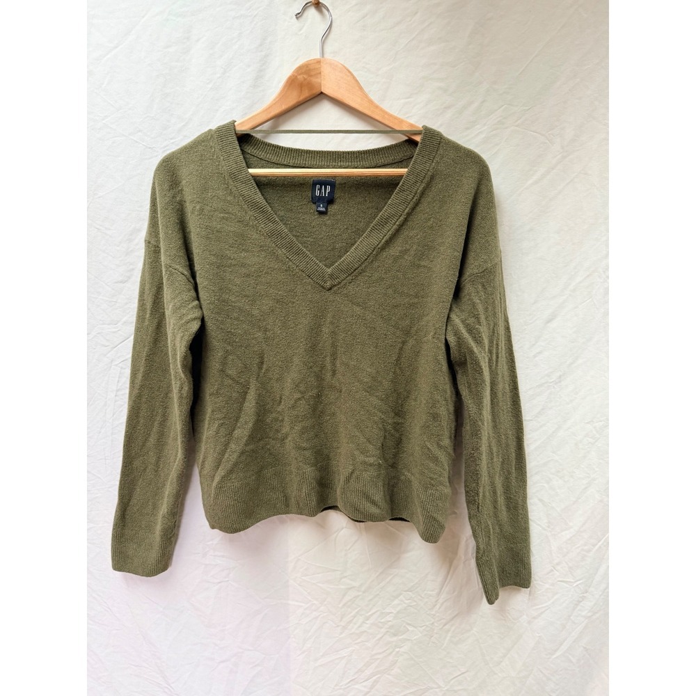 GAP Womens Olive Heather Cashsoft V-Neck Sweater Small Green Cotton Blend